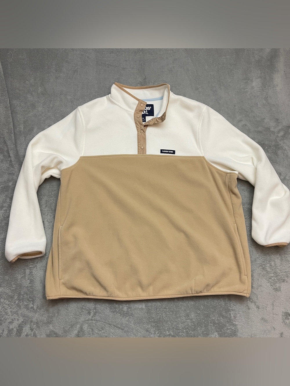 Lands' End Womens 2X Cream Tan Colorblock Snap Neck Fleece Pullover Sweater